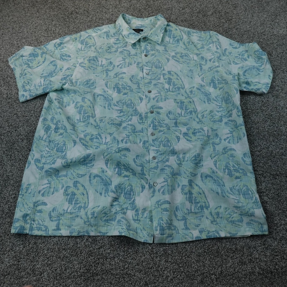 Van Heusen Shirt Mens 3XLT Blue Green Tropical Leaf Print Hawaiian Button Up Top